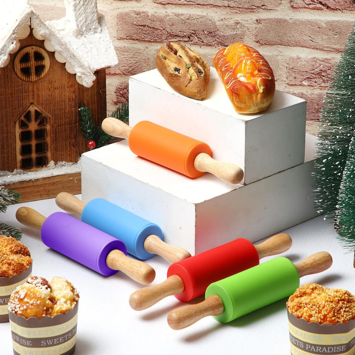 10 Pcs Small Rolling Pin Kids 9 Inch Mini Rolling Pin Silicone Wooden Cooking Pins Baking 5 Colors Non Stick Kids with Wooden Handle for Kitchen Dough Cookie Pastry Fondant Cake