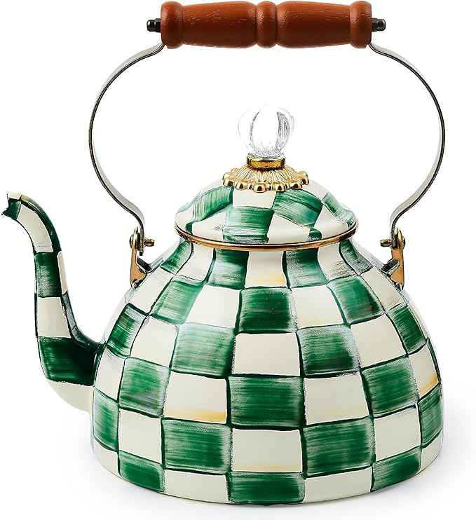 MACKENZIE-CHILDS Enamel Tea Kettle, Stylish Tea Kettle for Stovetop, Green-and-White Emerald Check, 3 Quarts