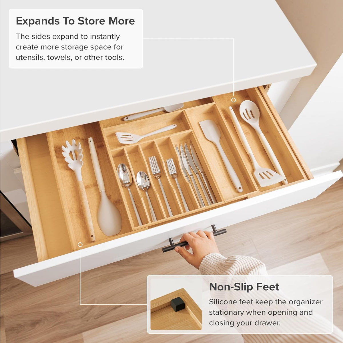 KitchenEdge Premium Silverware, Flatware and Utensil Organizer for Kitchen Drawers, Food-Safe Contract Grade, Expandable from 16 to 28 In, Natural Bamboo