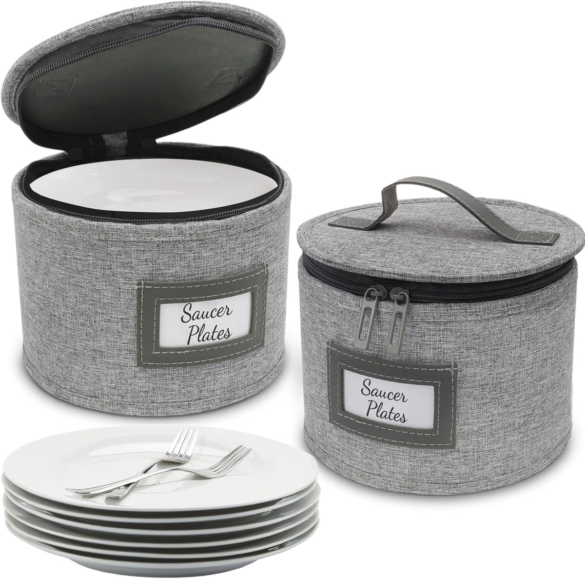 HOMELUX THEORY Saucer Plate Storage Box, 2pc LightGray Hard Shell China Storage Containers Thick Lid & 24 Felt Pads, Heavy Duty Moving Box with Handles for Dishes, Dinner Plate, & Dinnerware