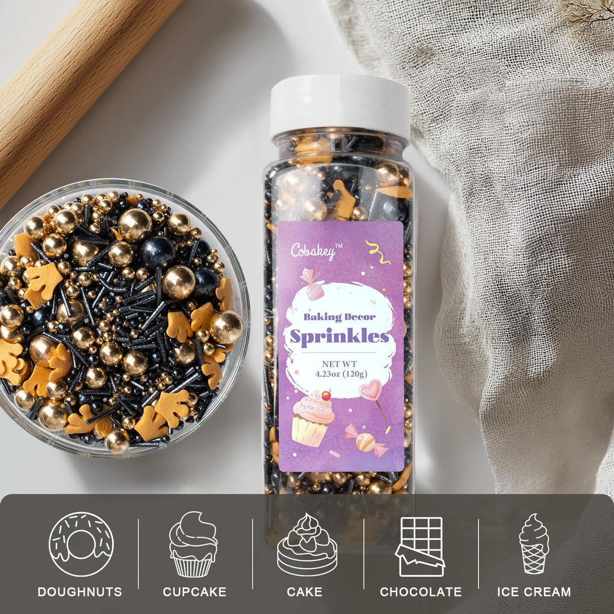 Royal Crown Black and Gold Sprinkles for Cake Decorating 4.23ounce - Sugar Mix Contains Jimmies & Pearl Sprinkles for Cupcake Toppers, Ice Cream, Candy, Cookie Decorations - Holiday Party Supplies