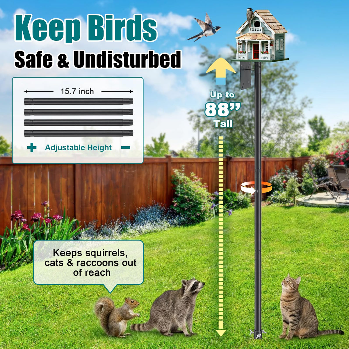 cogardenshower Heavy Duty Bird Feeder Pole - 88" Adjustable Bird House Stand Outdoor, Anti-Tip Auger & Stable Mount for Smart Camera Birdfeeder,Bluebird House, Bird Buddy, Birdfy