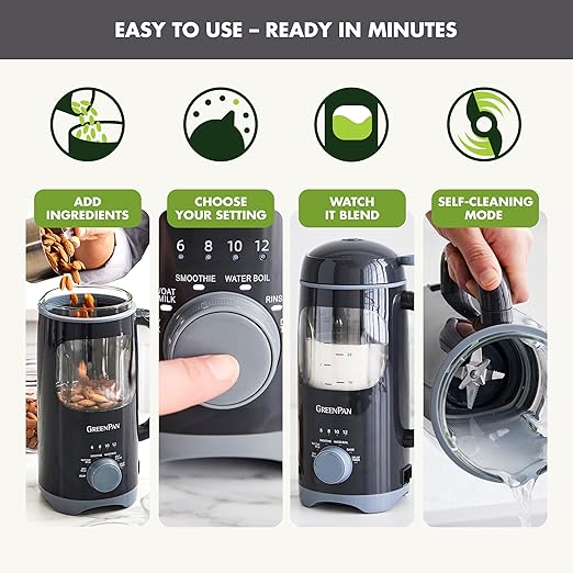GreenPan Nut Milk Maker, 15-in-1 Homemade Soy, Almond, Oat, Coconut, Non-Dairy, Rice, Soup, Baby Food, BPA-Free, Smooth Creamy Texture, Self Clean, Barista Quality Milk, Delay Start, Boil Water, Gray