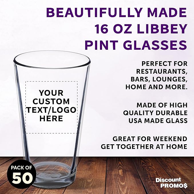 Custom Libbey Pint Glass 16 oz. Set of 50, Personalized Bulk Pack - Beer Glasses, Heavy Duty Drinkware - Clear