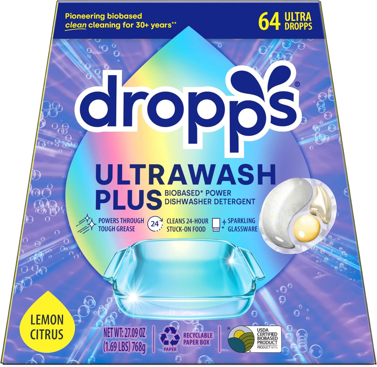Dropps UltraWash Plus Dishwasher Detergent, Lemon Citrus (64 Pods) - Triple Action Biobased Power Deep Clean Dishwasher Detergent Tablets for Tough Stains - Dishwashing Pods for Shiny Dishes