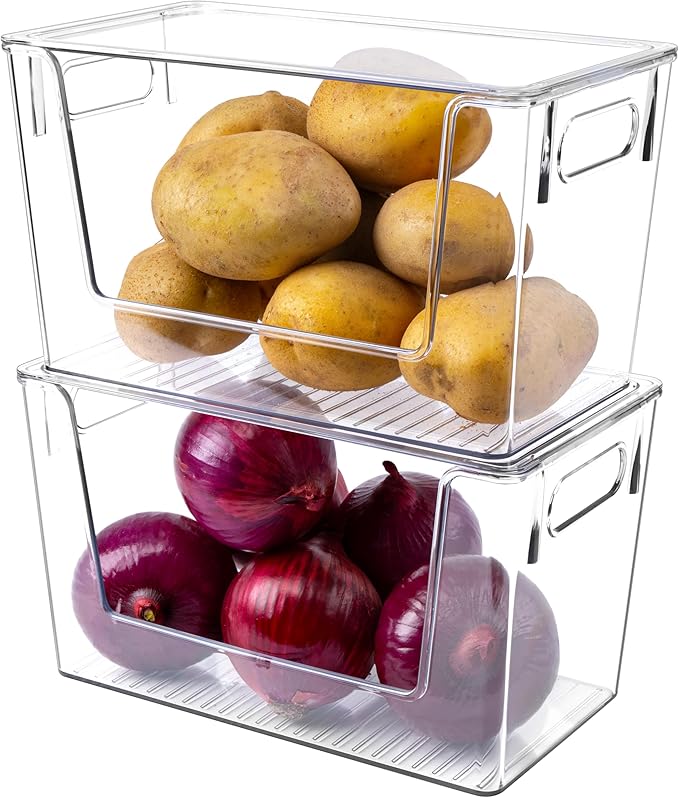 2 Pack Large Stackable Storage Bins, Plastic Container Organizer with Open Front, Pantry Organizers and Storage for Potato, Onion, Fruit and Vegetable, Clear Kitchen Laundry Organizer with Lid
