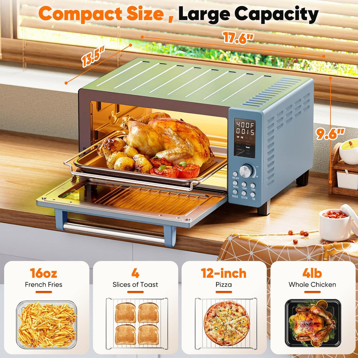 Nuwave Bravo Pro Convection Air Fryer Toaster Oven Combo, 2025 New and Improved, 10-in-1, 50°-450°F Temp Controls, Quick & Even Crisp Technology, 21Qt Capacity, Cozy Blue, PFAS Free