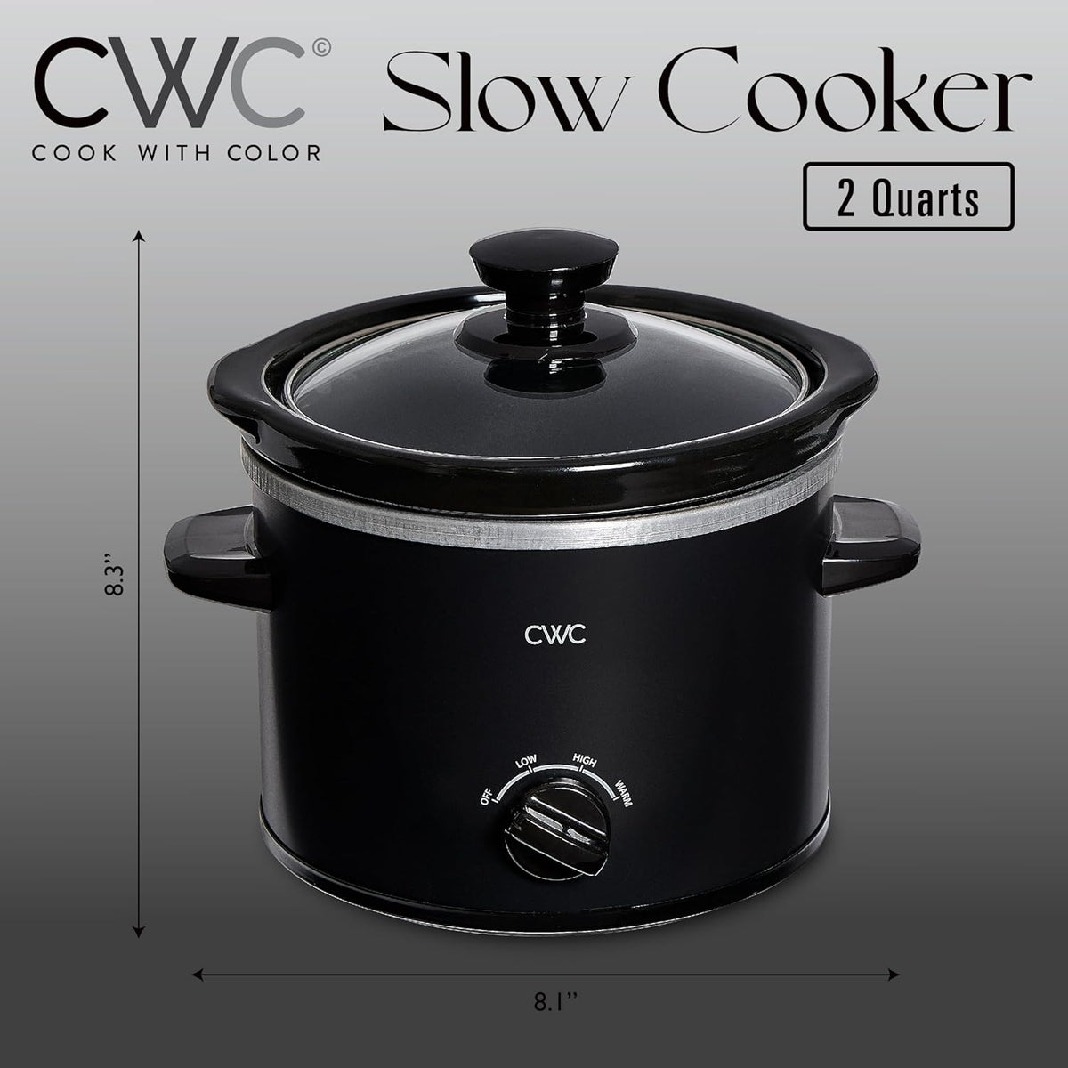 COOK WITH COLOR 2QT Mini Electric Round Slow Cooker - Adjustable Settings, Removable Stoneware Pot, Tempered Glass Lid, Dishwasher Safe, Cool-Touch Side Handles, Black