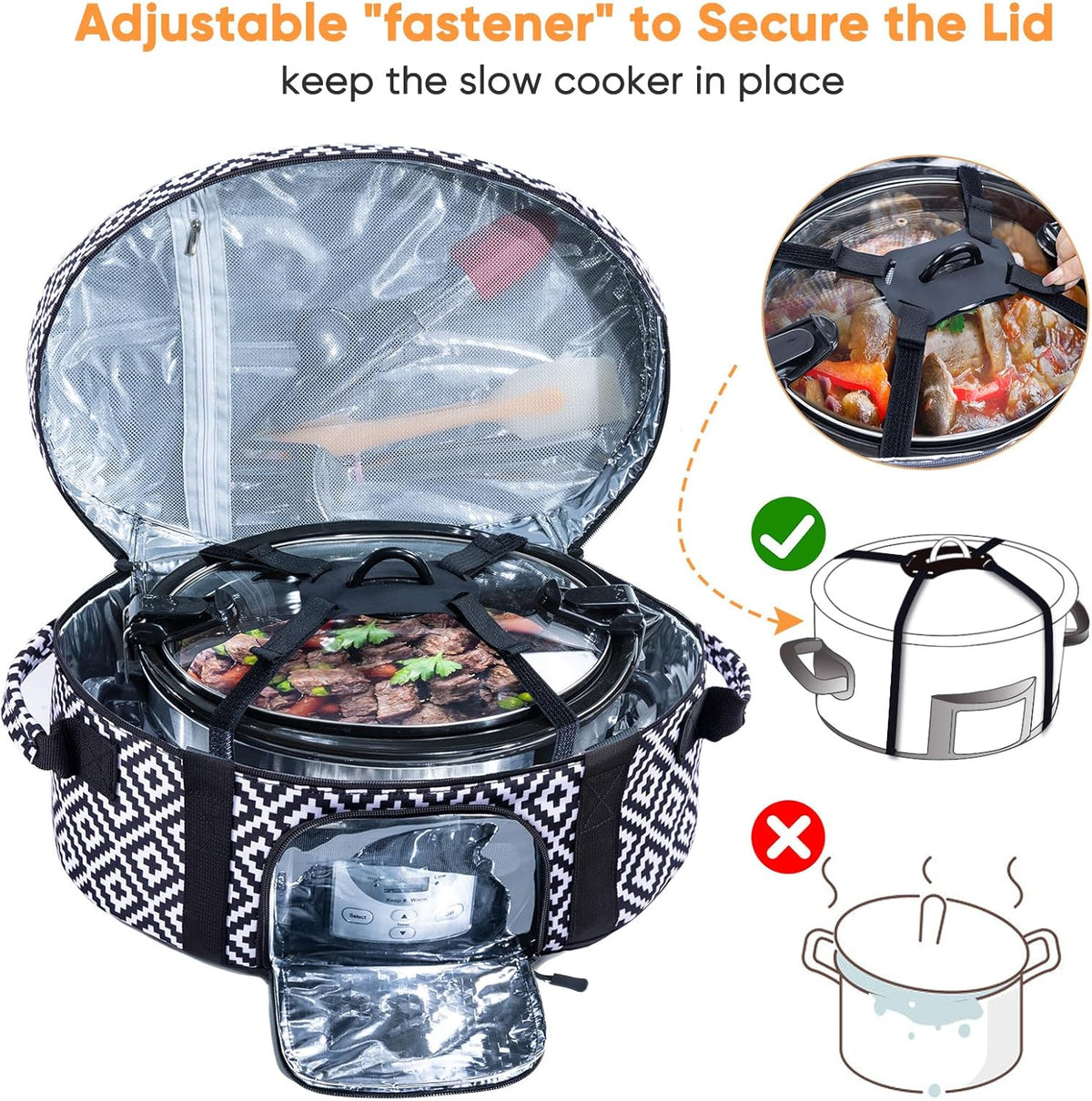Insulated Slow Cooker Carrying Bag for 6-8 Quart CrockPot and Hamilton Beach Slow Cooker with See-thought Window, Portable Carrier Case with Adjustable Band and Accessory Pocket