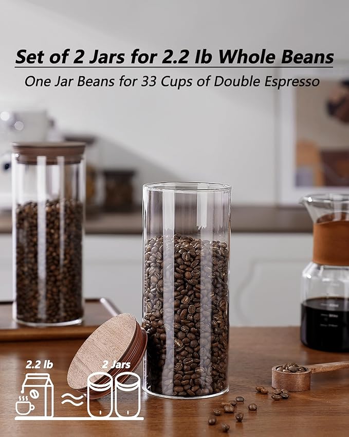 2PCS of 50floz Round Coffee Canister with Wooden Lids, Airtight Glass Coffee Jars for Ground Coffee, Coffee Beans Storage Container