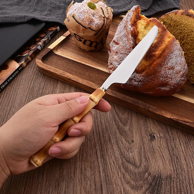 40PCS Silverware Set for 10, Bamboo Handle Flatware Set, Stainless Steel Cutlery Set for Home Restaurant and Party, Bamboo Forks Spoons and Knives Set, Polished Tableware