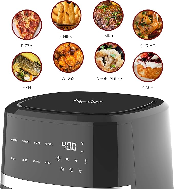 MegaChef 4 Quart Digital LED Display Electric Air Fryer with Transparent Window in Black and Bonus 125 Piece Paper Liners