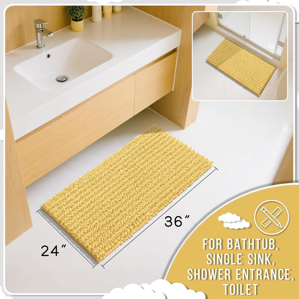 Yimobra Large Bathroom Rugs Non Slip Washable 36x24 Inch - Ultra Soft Absorbent Chenille Bath Mat, Quick Dry Shaggy Floor Carpet for Tub Shower, Yellow Home Decor Accessories