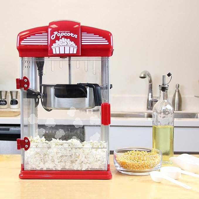 West Bend Stir Crazy Movie Theater Popcorn Popper, Gourmet Popcorn Maker Machine with Nonstick Popcorn Kettle, Measuring Tool and Popcorn Scoop for Popcorn Machine, 4-Qt., Red