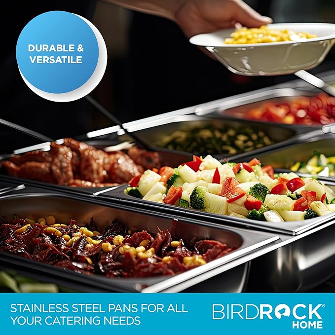 BIRDROCK HOME Stainless Steel Steam Table Pan - Hotel, Restaurant & Catering Supplies - 24 Gauge Steel, 1.8 qt Capacity - Meal Prep, Cooking, & Food Storage Container - 4" Depth, 1/6-Size (6 Pack)