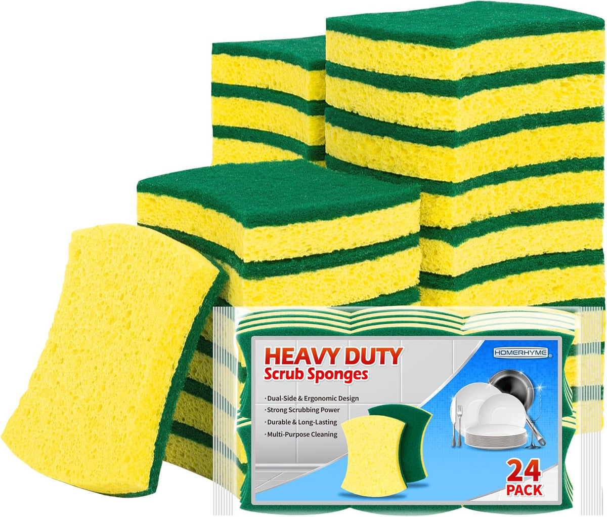 HOMERHYME Heavy Duty Scrub Sponge 24 Pack, Eco Cellulose Kitchen Dish Sponge Multipurpose Ergonomic for Washing Dishes, Uncoated Cookware & Household Cleaning.