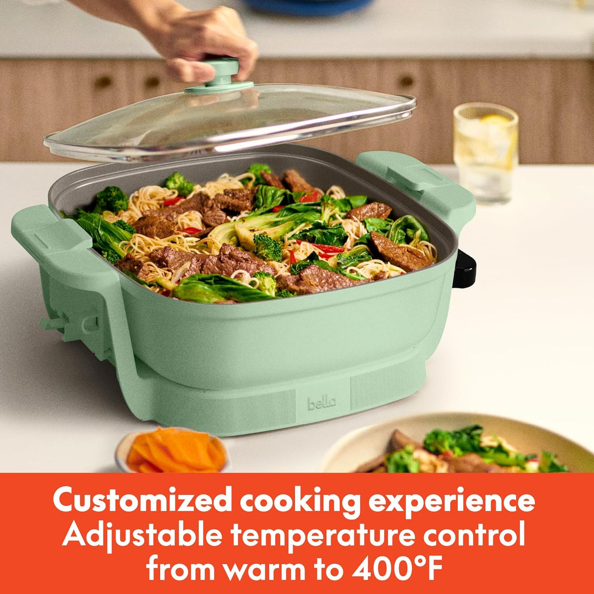 bella Make & Take Electric Skillet, Fits-anywhere™ kitchenware, EverGood™ Ceramic Coating, Adjustable Temperature & Dishwasher-Safe Tempered Glass Lid, Cast Aluminum Base, 1200 Watt, Seaglass