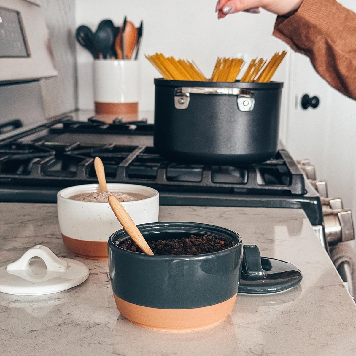 Mora Ceramic Salt and Pepper Cellar Set with Lid - 10 oz Modern Canister/Container/Bowl for Storage, Sea Salt, Spice, Sugar, Countertop - Small Dish/Jar with Wood Spoon, Black & White Crock