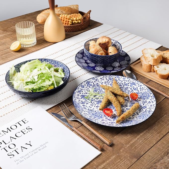 Selamica Ceramic Plates and Bowls Sets, 32 Pieces Dinnerware Sets for 8, Scratch Resistant Embossed Dishes Set for Family Gatherings, Dishwasher & Microwave Safe, Dark Blue