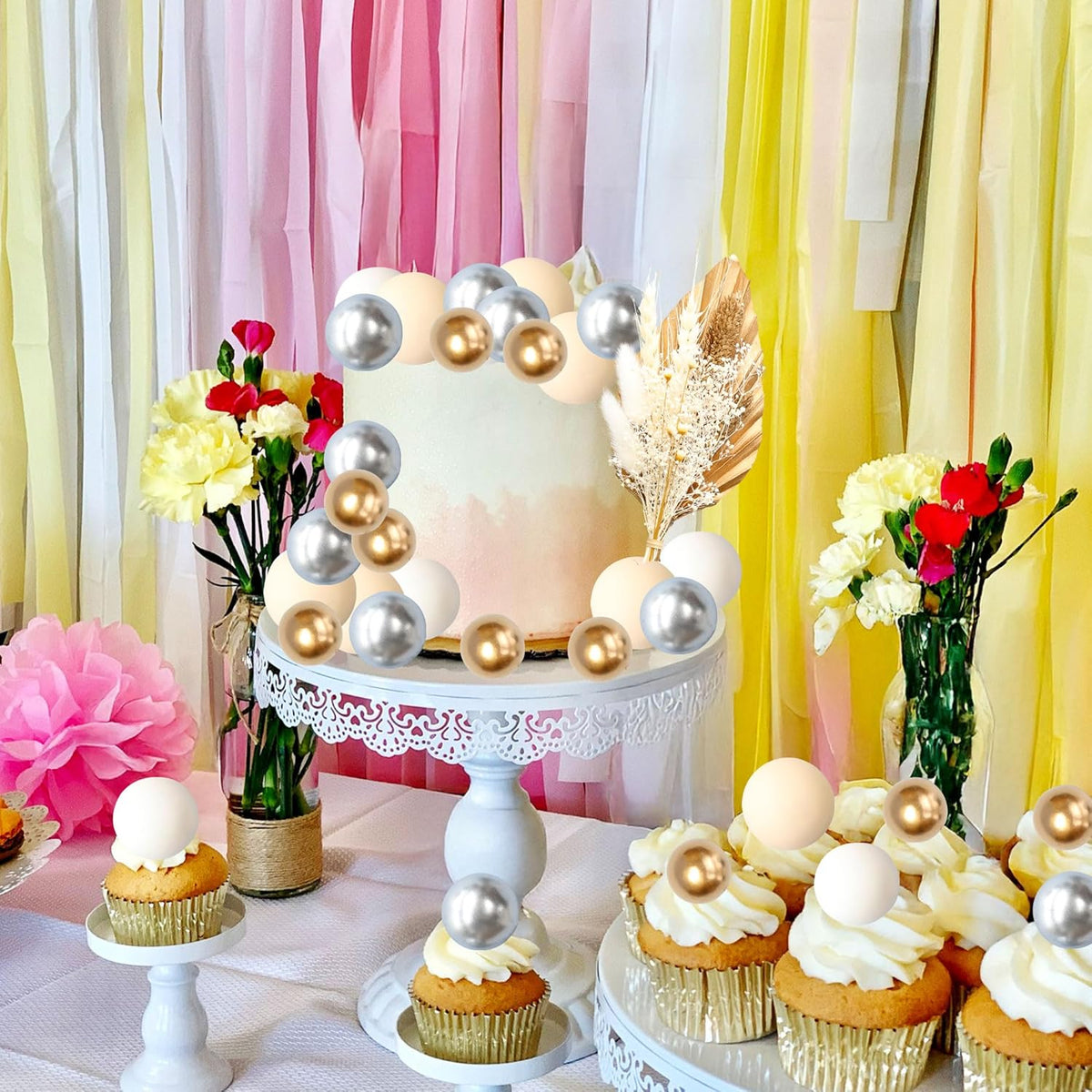 Gyufise 21 Pack Flower Boho Cake Topper Ball Cake Decorations Palm Leaves Plants Cake Decor for Girl Bohemian Princess Theme Wedding Baby Shower Birthday Party Supplies Gold White