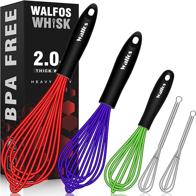 Walfos Silicone Whisks Set, 5pcs Whisk, Non Scratch Coated 7+9+11in Whisks and Mini stainless steel 7+5in Whisk, Suitable for Use in Whisking, Blending, Frothing, Beating & Stirring. (Multicolor)