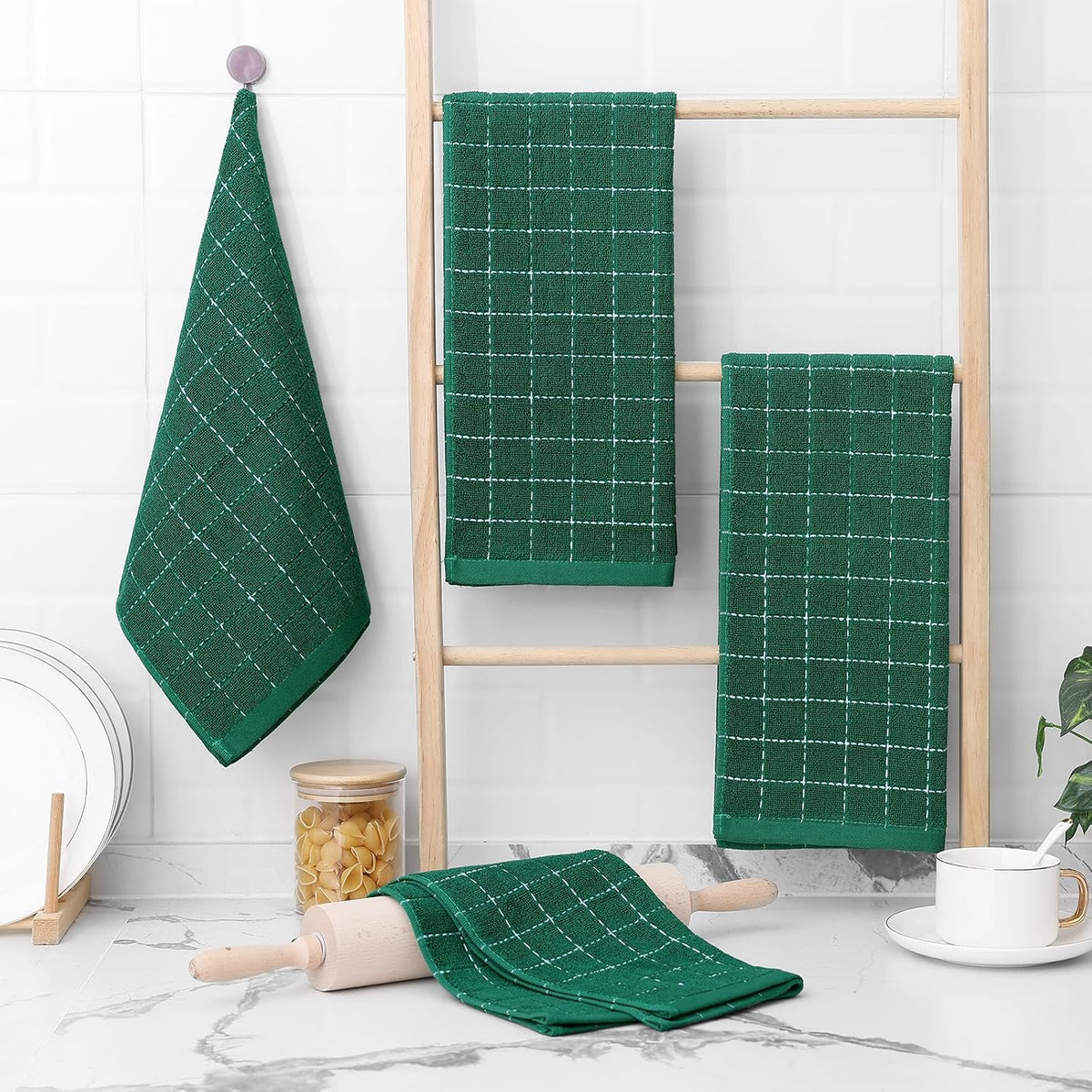 Homaxy 100% Cotton Terry Kitchen Towels(Dark Green, 13 x 28 inches), Checkered Designed, Soft and Super Absorbent Dish Towels, 12 Pack
