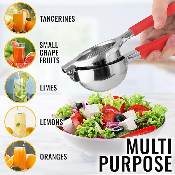 Zulay Lemon Squeezer Stainless Steel with Premium Heavy Duty Solid Metal Squeezer Bowl and Food Grade Silicone Handles - Large Manual Citrus Press Juicer and Lime Squeezer Stainless Steel (Red)