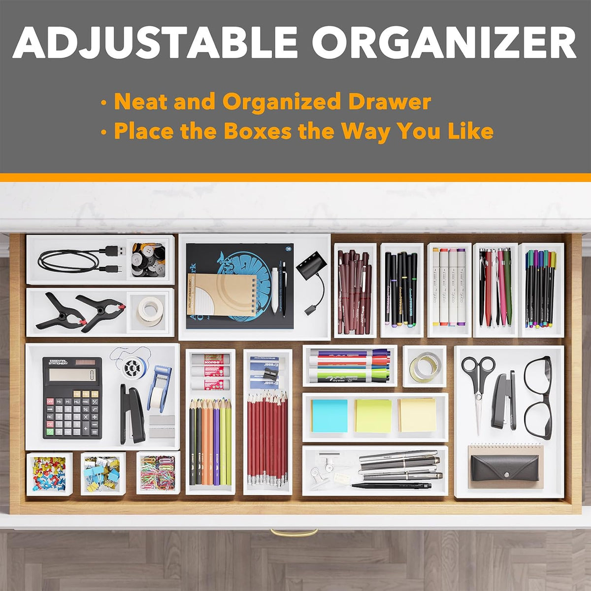 SpaceAid 21-Piece Bamboo Drawer Organizer Storage Boxes Set, Wood Tray Junk Drawer Organizers Multi-Use Divider Bins for Kitchen, Bathroom, Office Desk and Makeup Organization (21 Pack, White)