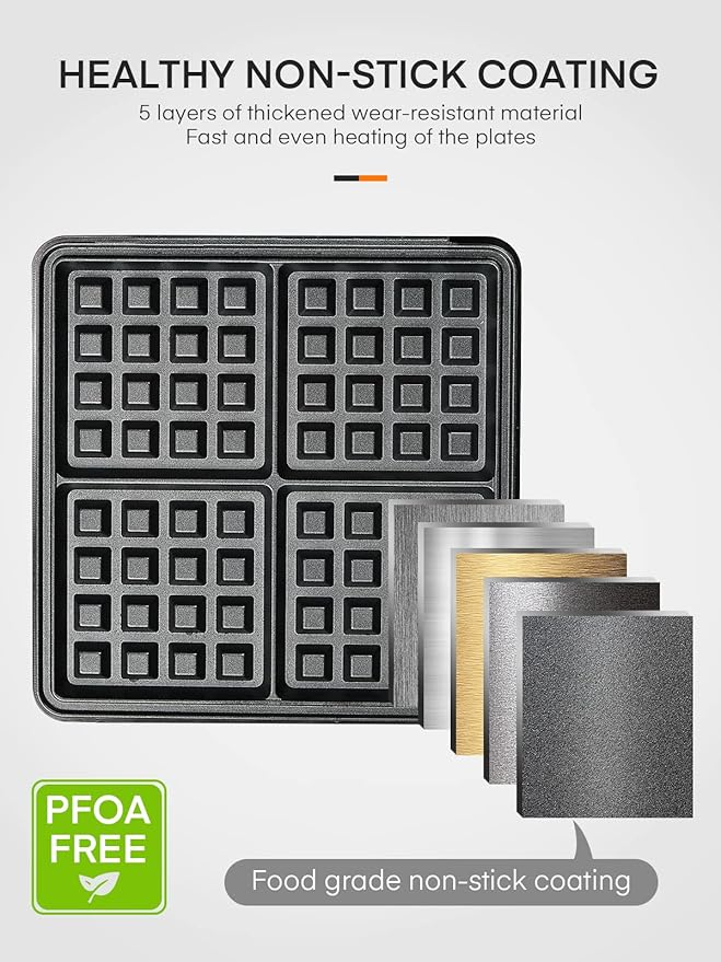 1200W Belgian Waffle Maker 4-Slice, Stainless Steel, 5 Browning Levels, Non-Stick Surfaces, Silver/Black, FOHERE - Perfect for Family Breakfasts (Black)