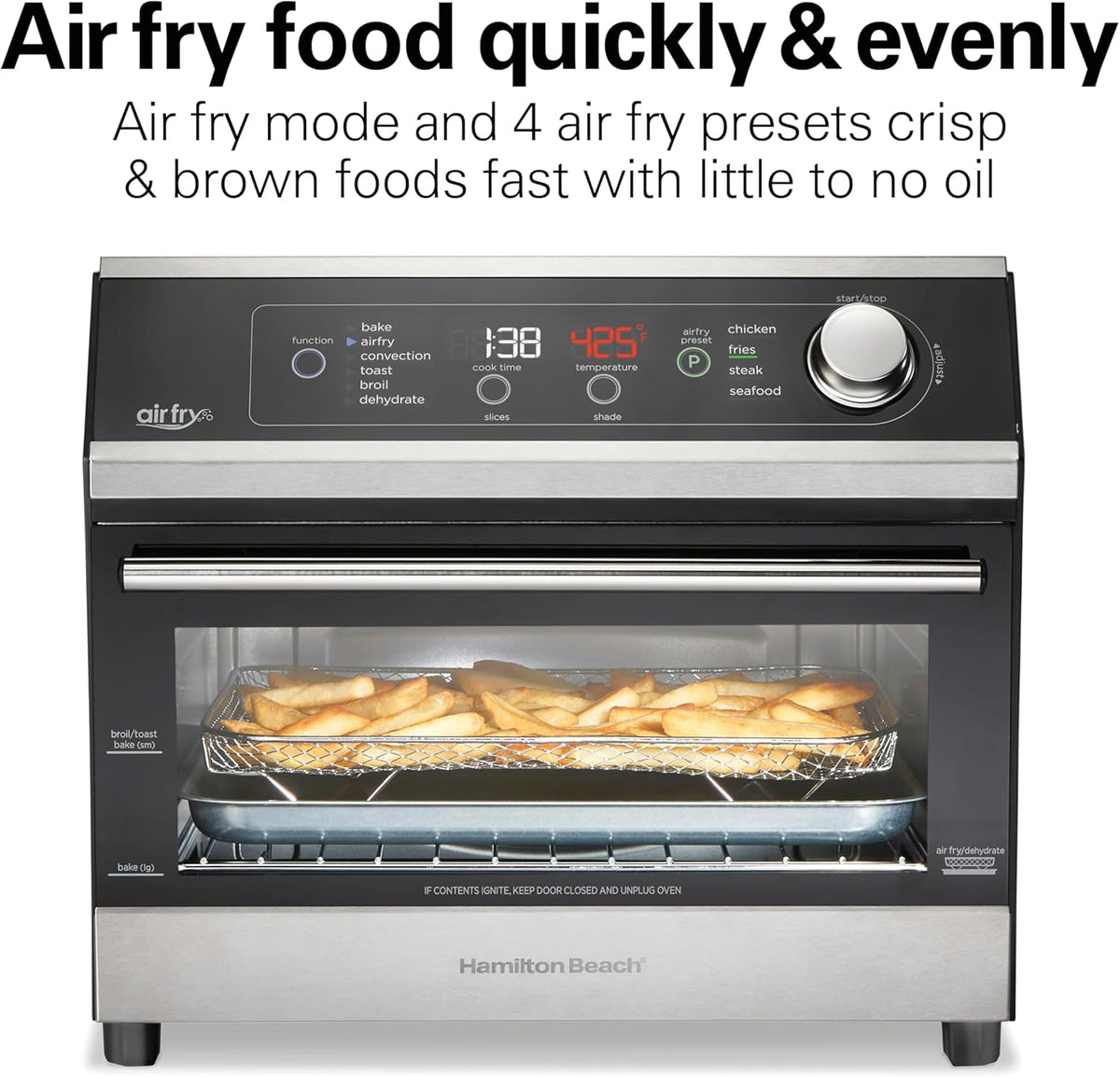 Hamilton Beach Digital Air Fryer Toaster Oven Combo, 10 Ways to Cook, 4 Preset Functions, Stay On & 1800 Watts, LED Capacitive-Touch Controls, 2 Rack Positions, Fits 12” Pizza, Black & Stainless Steel