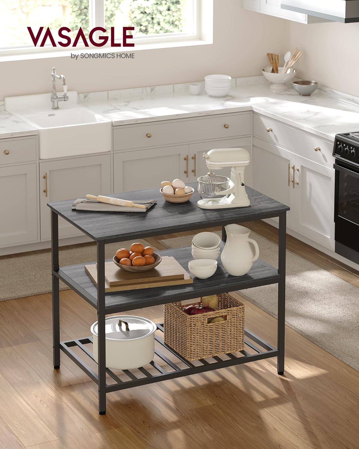 VASAGLE Kitchen Island with 3 Shelves, 39.4 Inches Width Kitchen Shelf with Large Worktop, Stable Steel Structure, Industrial, Easy to Assemble, Ebonised Oak and Black UKKI005B42