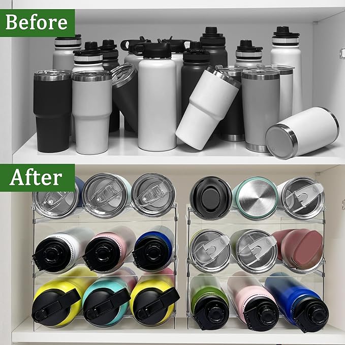 4 Pack Water Bottle Organizer, Stackable Kitchen Pantry Organization and Storage Shelf, Plastic Bottle Holder for Fridge Kitchen Cabinet Organizer and Storage, Tumbler Mug Cup Organizer