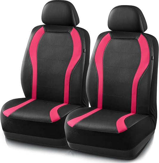 PIC AUTO Leather Car Seat Covers, Premium Automotive Waterproof Two Front Bucket Car Seat Protectors, Black and Hot Pink PVC Patchwork, Fits for Cars, Trucks, Van, SUV, Airbag Compatible