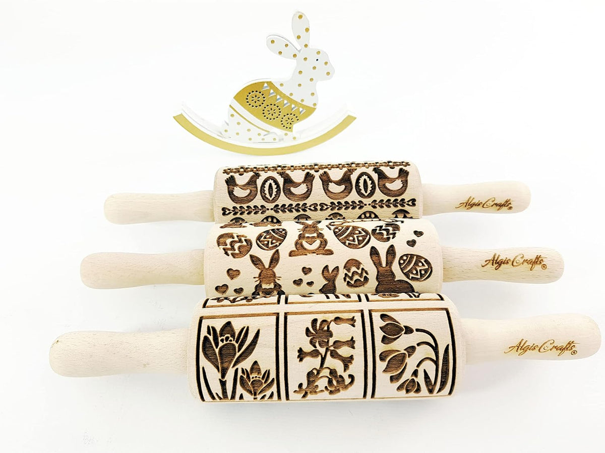 EASTER 3 Mini Embossed Rolling Pin Set. Wooden Laser Cut Embossing Rolling Pins for Embossed Cookies. Easter, Rabbit, Egg, Chicken, Spring, Flowers from Algis Crafts