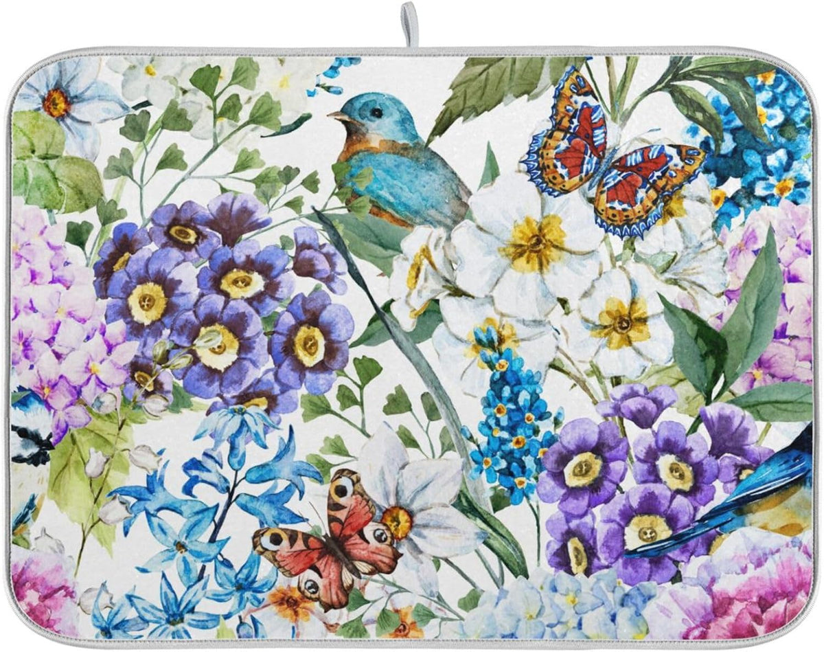 Flowers Birds Butterflies Dish Drying Mat for Kitchen Counter Absorbent Microfiber Drying Pad, Medium 16x18 in, Reversible Drainer Mats