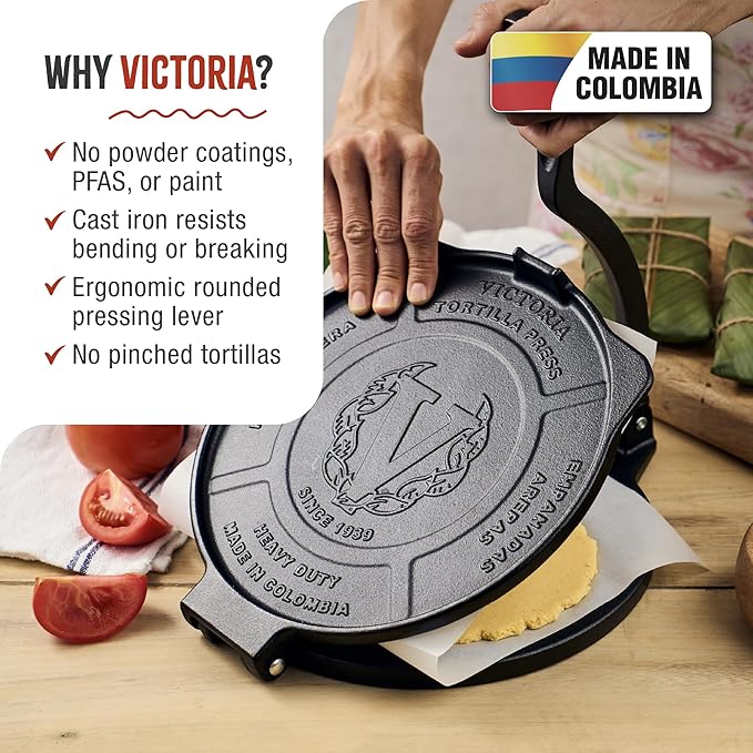 Victoria 10-Inch Cast Iron Tortilla Press HD Spherrous, Commercial-Grade Cast Iron Tortilla Maker, Roti Press, Pataconera Seasoned with Flaxseed Oil, Made in Colombia, Black