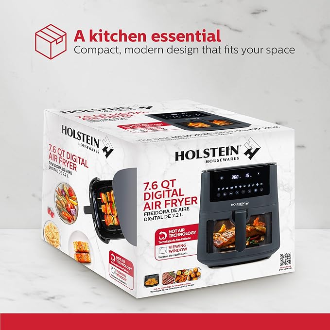 Holstein Housewares 7.6QT Digital Air Fryer with viewing window and led display with 7 preset options. Fry, bake, grill, dehydrate, and roast healthier recipes. Dishwasher Safe