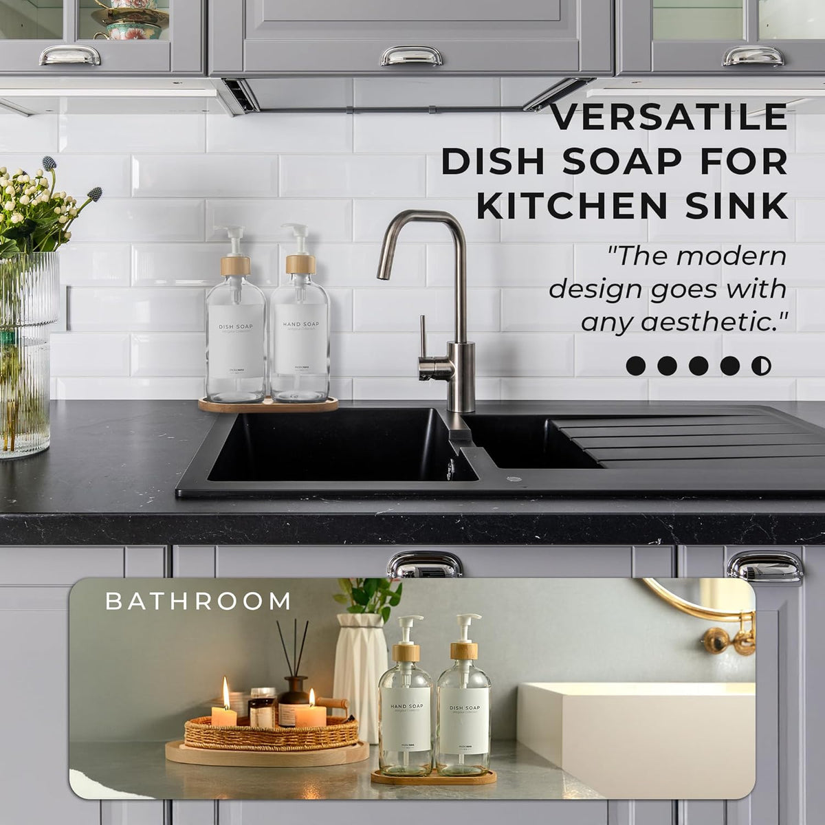 Maisonovo Glass Soap Dispenser Bathroom Set | Hand Soap and Dish Soap Dispenser Set | 16.9oz Clear Bottles with White Bamboo Pump | Bathroom Lotion Dispenser with Pump Set of 2