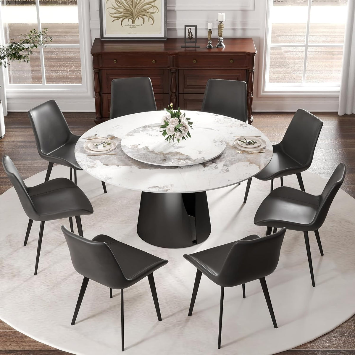 Montary 9 Piece Dining Table Chairs Set, Modern Dining Table Set of 8, Includes 59" D Marble Round Table with Black Carbon Steel Base, 8 Grey Black Dining Chairs for Home, Kitchen