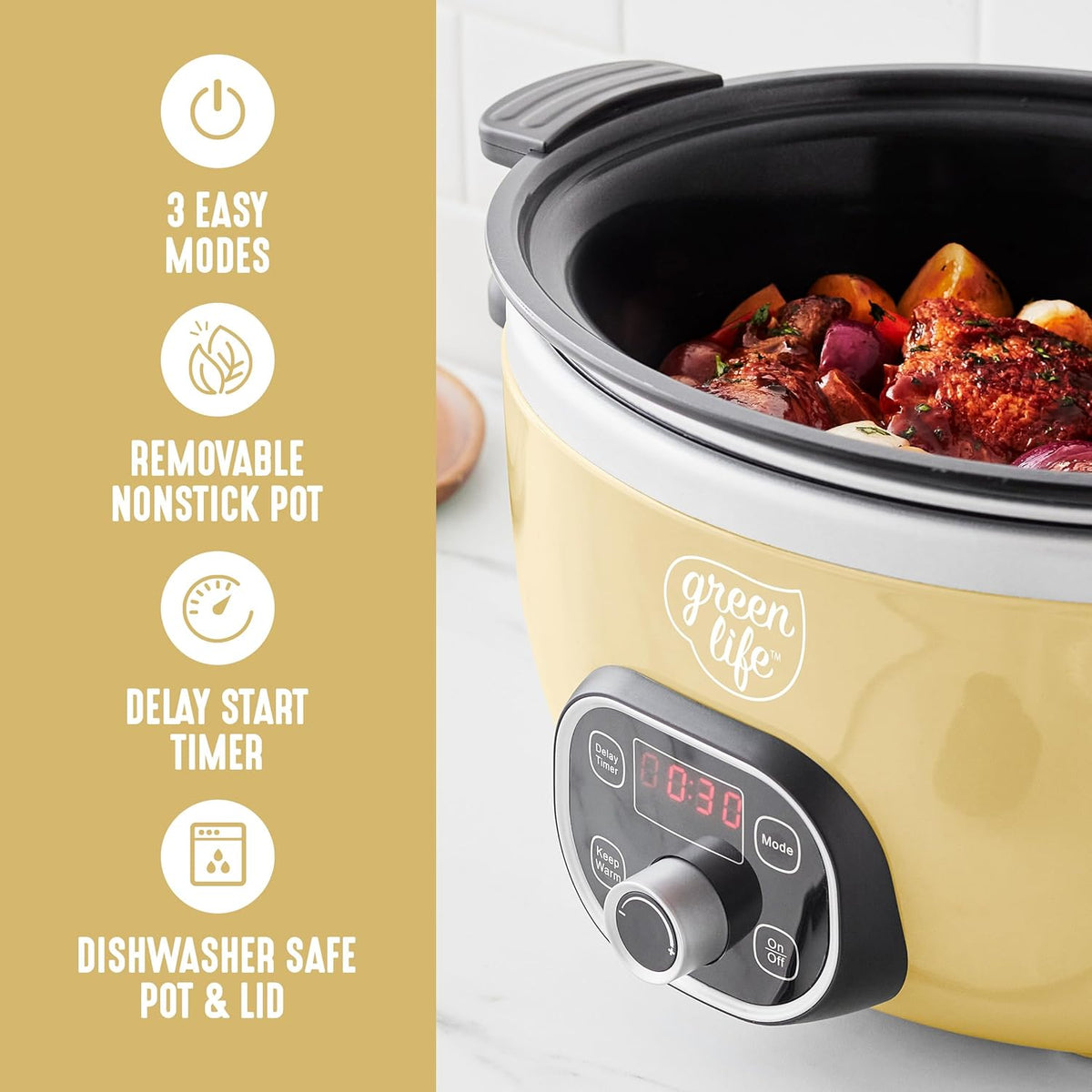 GreenLife 6QT Slow Cooker, Non-Toxic PFAS-Free Ceramic Nonstick Removable Interior Bowl, Programmable, Family Friendly, Keep Warm, Stovetop & Oven Safe, Dishwasher Safe Parts, Timer, Glass Lid, Yellow
