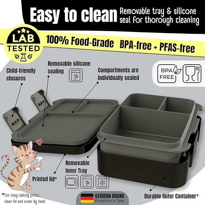 BEARFOOT Kids Lunch Box with Compartments – Compact & Lightweight | Leak-Proof, BPA-Free, Dishwasher & Microwave Safe | Hand-Drawn Design for Preschool, School, Travel (Sticker Black, 2.75 Cups)