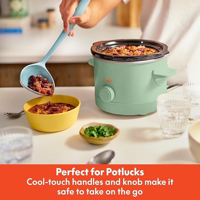 bella 1.5 Qt Slow Cooker with 3 Heat Manual Control, Ceramic Nonstick Coating, Dishwasher Safe Stoneware Pot and Tempered Glass Lid, Tangle Free Cord Wrap & Cool Touch Handles, Seaglass