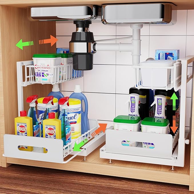 2 Pack Under Sink Organizer, Pull Out Cabinet Organizer 2 Tier Slide Out Sink Basket Drawer Sink Shelf Cabinet Storage Shelves ,Adjustable L Shape Counter Organization for Kitchen Bathroom , White