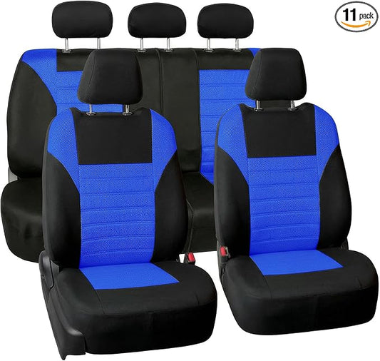 FH Group Automotive Car Seat Covers Full Set Premium 3D Air Mesh Front Seat Covers, Airbag Compatible & Split Bench Cover Universal Fit Interior Accessories for Cars Trucks and SUVs - Blue