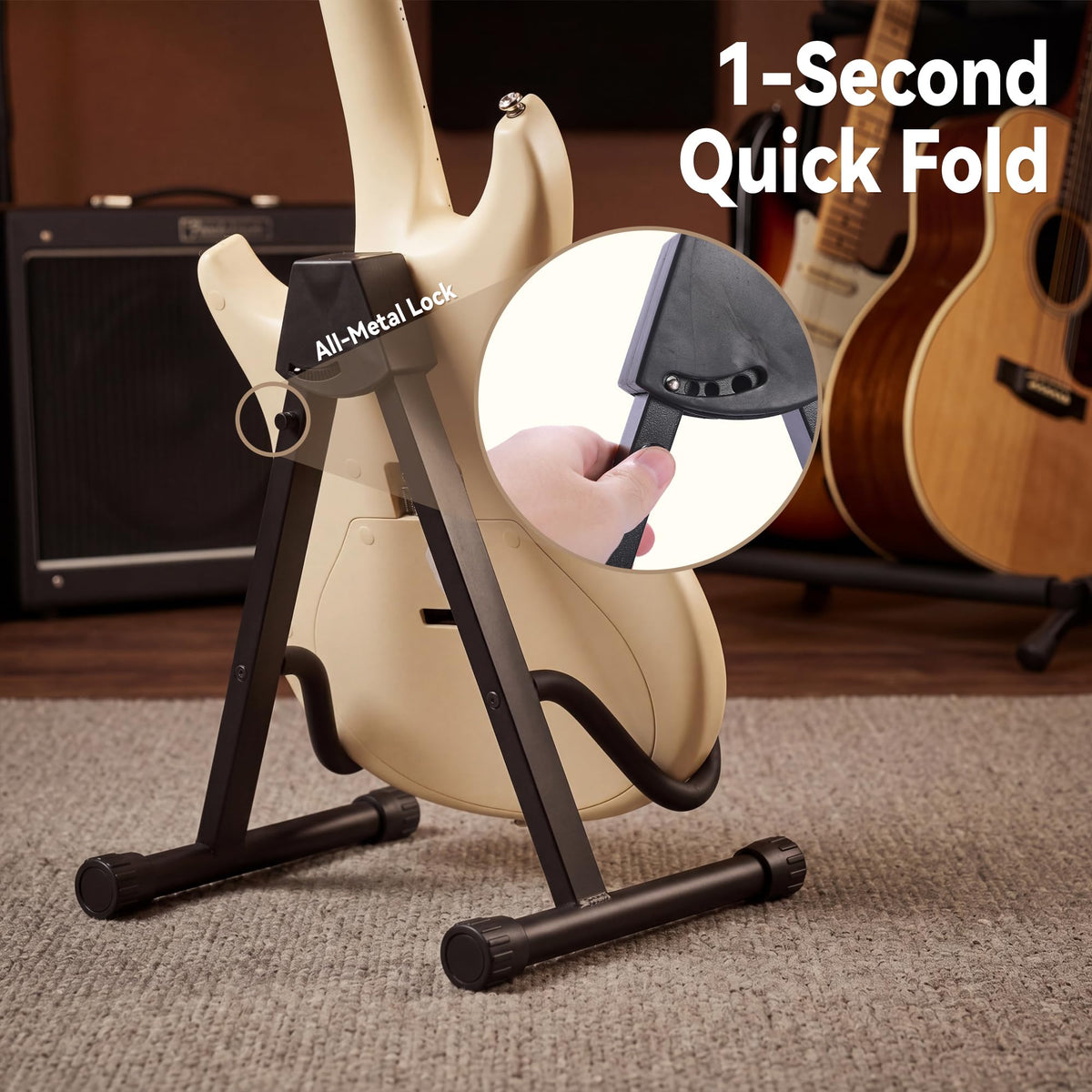 EmberGlow Electric Guitar Stand With Heavy-Duty Metal Auto-Lock, Adjustable Slim-Fit Neck Hook & Self-Leveling Feet, Secure Display Cradle for Electric Guitars