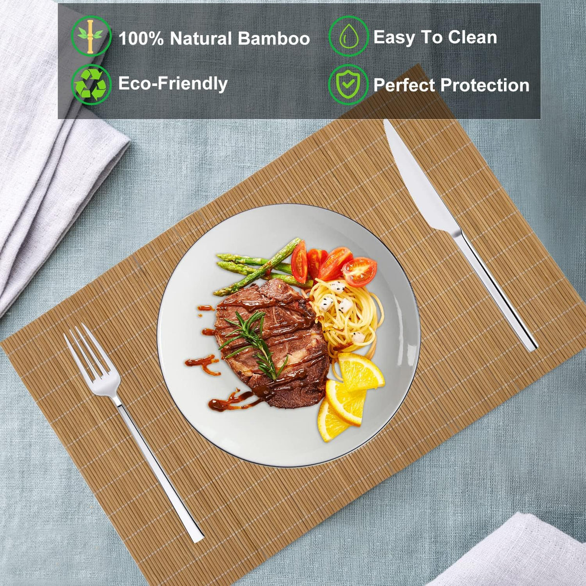 ANDSTAR Set of 4 Pcs Bamboo Placemats Sushi Rolling Mat Japanese Style Natural Anti-Slip Bamboo Placemats Washable Heat-Resistant Table Mats for Dining Room and Kitchen（Brown）