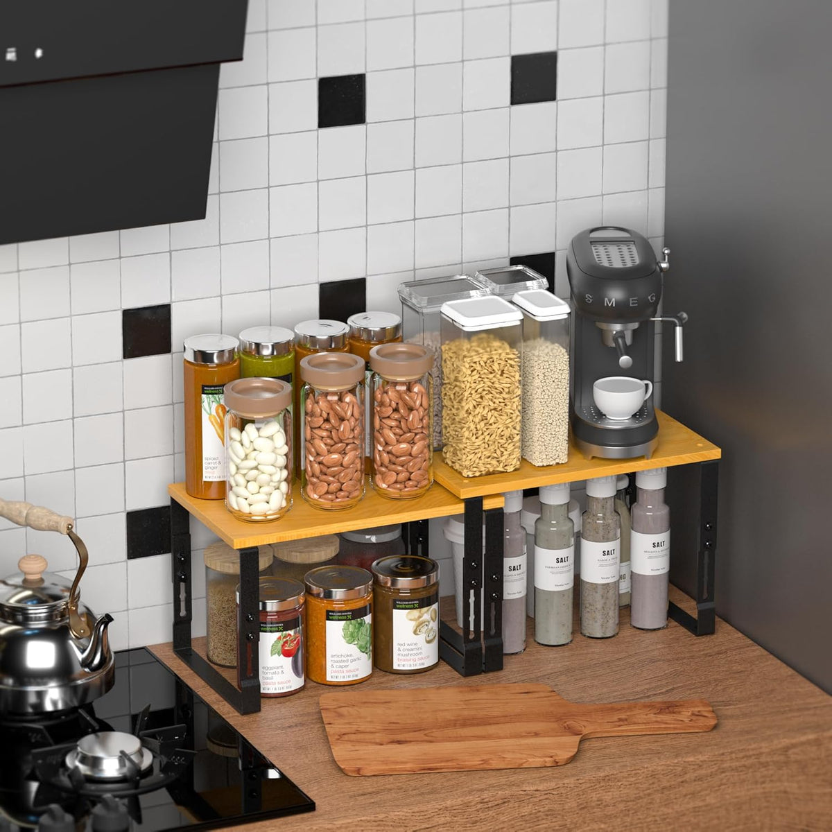 Expandable Kitchen Cabinet Organizer Shelves – Stackable Adjustable Metal and Wood Storage Racks for Countertop, Pantry, Garage Set of 2 Spice Rack – Easy Assembly, Space-Saving(1 Pack/Large/Black)