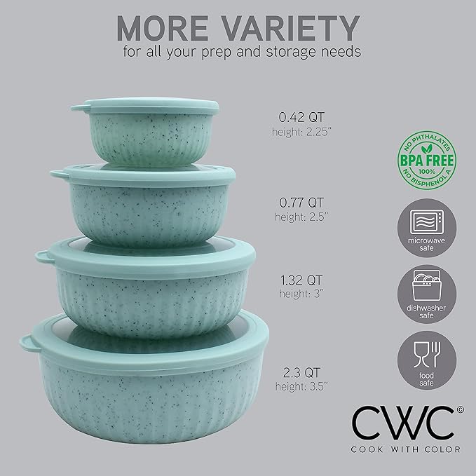 COOK WITH COLOR Prep Bowls with Lids- Wide and Deep Nesting Plastic Small Mixing Bowl Set with Lids, 8 Piece Set - Wide Bowls, Speckled Mint
