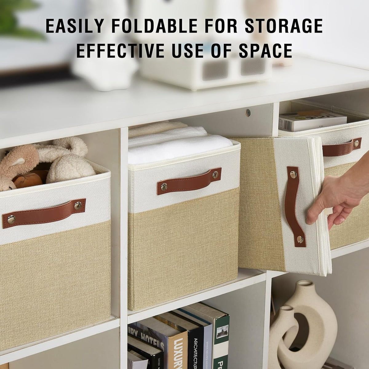 Collapsible Fabric Storage Cube Bins with 2 Reinforced PU Handles, Foldable Storage Organizer Baskets for Closet, Shelves, Living Room | 11"x11"x11", 4 Pack, Beige & White