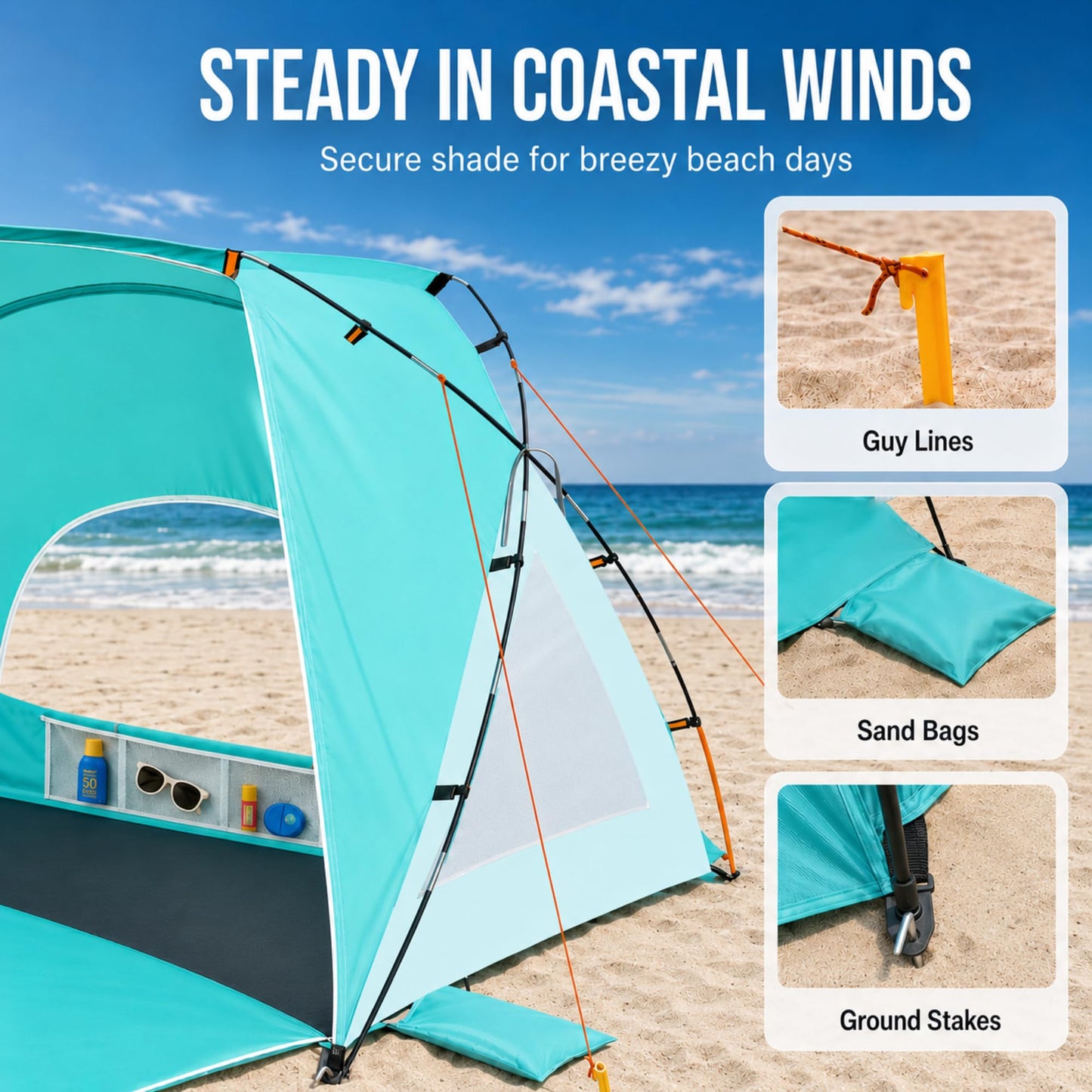 Beach Tent, Portable Sun Shelter for 2/3/4/6-8 Person with UPF 50+ UV Protection, Easy Setup Waterproof Beach Shade Canopy Cabana for Family Outdoor and Picnics, Fishing with Carrying Bag